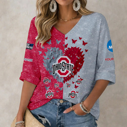 LIMITED EDITION - NEW CUSTOMIZED NCAA MAM30 OSB OHIO STATE BUCKEYES WOMEN'S HEART V-NECK LONG SLEEVE SHIRT