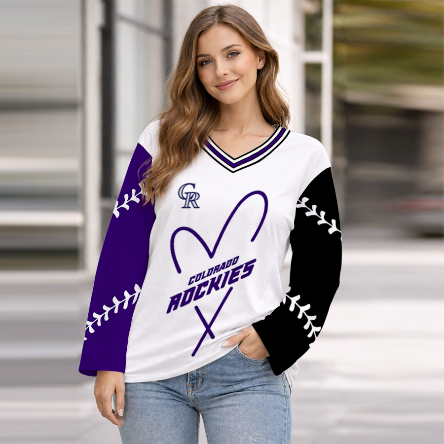 LIMITED EDITION - NEW CUSTOMIZED MLB30 COR COLORADO ROCKIES WOMEN'S HEART V-NECK LONG SLEEVE SHIRT