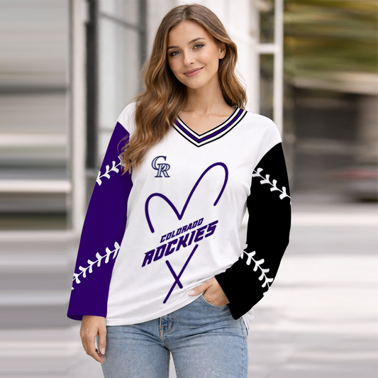 LIMITED EDITION - NEW CUSTOMIZED MLB30 COR COLORADO ROCKIES WOMEN'S HEART V-NECK LONG SLEEVE SHIRT
