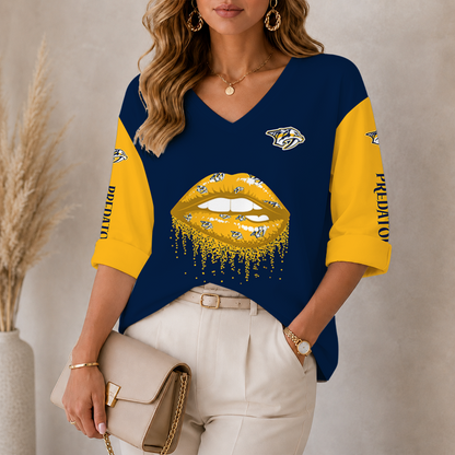 [SUPER SALE] NEW CUSTOMIZED NHL31 NVP NASHVILLE PREDATORS WOMEN'S HEART V-NECK LONG SLEEVE SHIRT