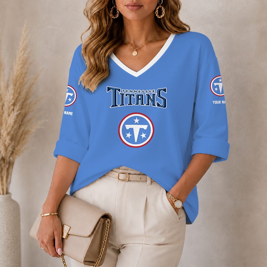 [SPECIAL OFFER] NEW CUSTOMIZED NFL31 TST TENNESSEE TITANS WOMEN'S HEART V-NECK LONG SLEEVE SHIRT