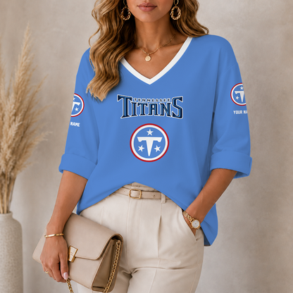 [SPECIAL OFFER] NEW CUSTOMIZED NFL31 TST TENNESSEE TITANS WOMEN'S HEART V-NECK LONG SLEEVE SHIRT
