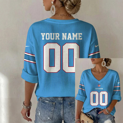 ELITE EDITION - NEW CUSTOMIZED NFL31 TST TENNESSEE TITANS WOMEN'S HEART V-NECK LONG SLEEVE SHIRT