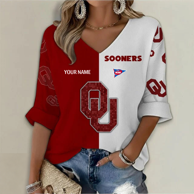 ELITE EDITION - NEW CUSTOMIZED NCAA FBS31 OUS OKLAHOMA SOONERS WOMEN'S HEART V-NECK LONG SLEEVE SHIRT