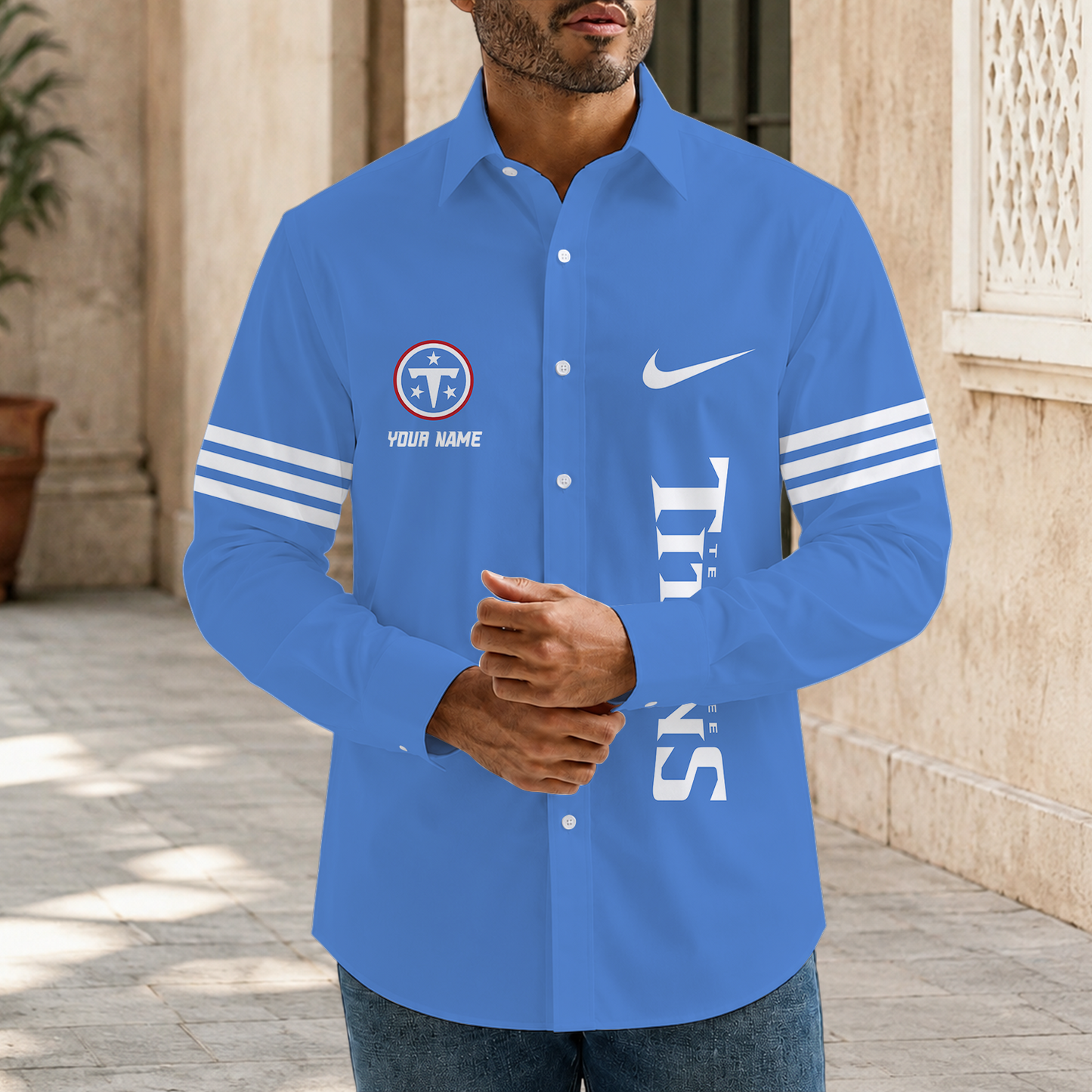 [SPECIAL OFFER] NEW CUSTOMIZED NFL31 TST TENNESSEE TITANS MEN'S LONG SLEEVE BUTTON-UP SHIRT