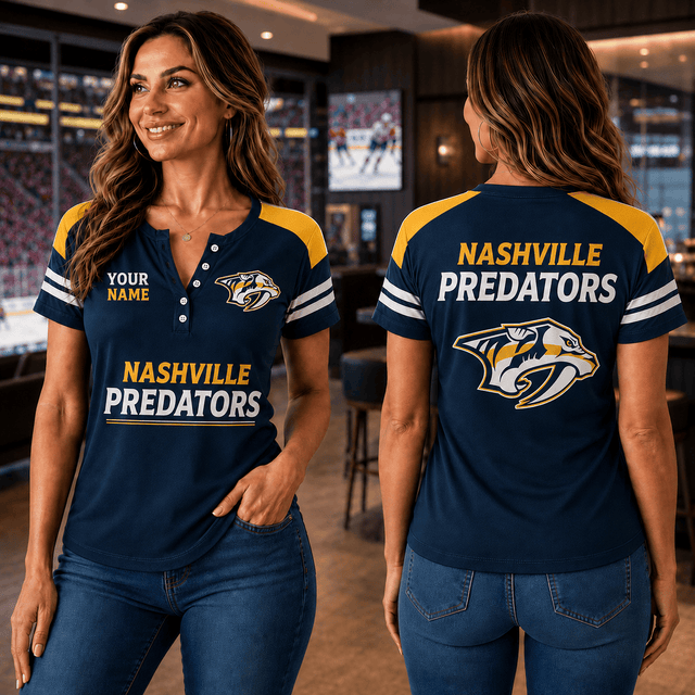 SPECIAL EDITION - NEW CUSTOMIZED NHL31 NVP NASHVILLE PREDATORS WOMEN'S SHORT SLEEVE HENLEY T-SHIRT