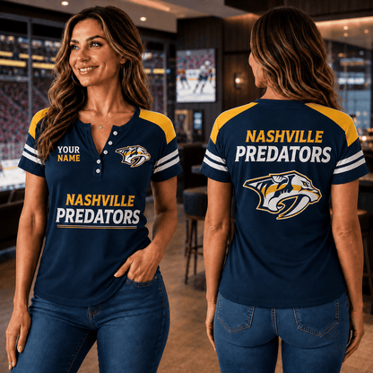 SPECIAL EDITION - NEW CUSTOMIZED NHL31 NVP NASHVILLE PREDATORS WOMEN'S SHORT SLEEVE HENLEY T-SHIRT