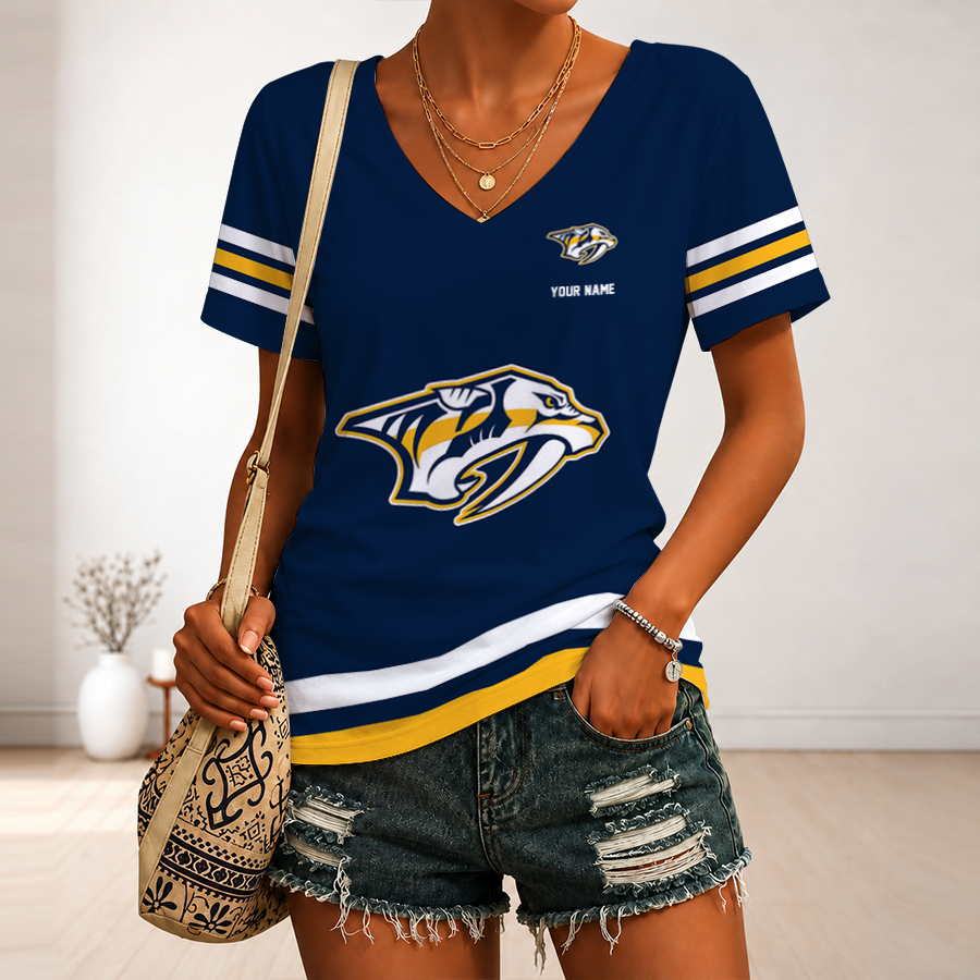 [SUPER SALE] NEW CUSTOMIZED NHL31 NVP NASHVILLE PREDATORS V-NECK FEMALE SHIRT