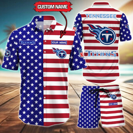 ELITE EDITION  - NEW CUSTOMIZED NFL31 TST TENNESSEE TITANS UNISEX INDEPENDENCE DAY HAWAIIAN SHIRT & SHORTS SET