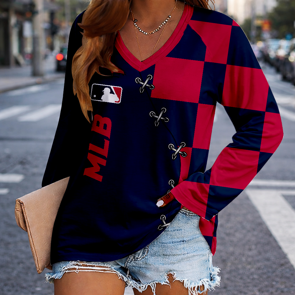LIMITED EDITION - NEW CUSTOMIZED MLB31 MAJOR LEAGUE BASEBALL WOMEN'S V-NECK LONG SLEEVED SHIRT