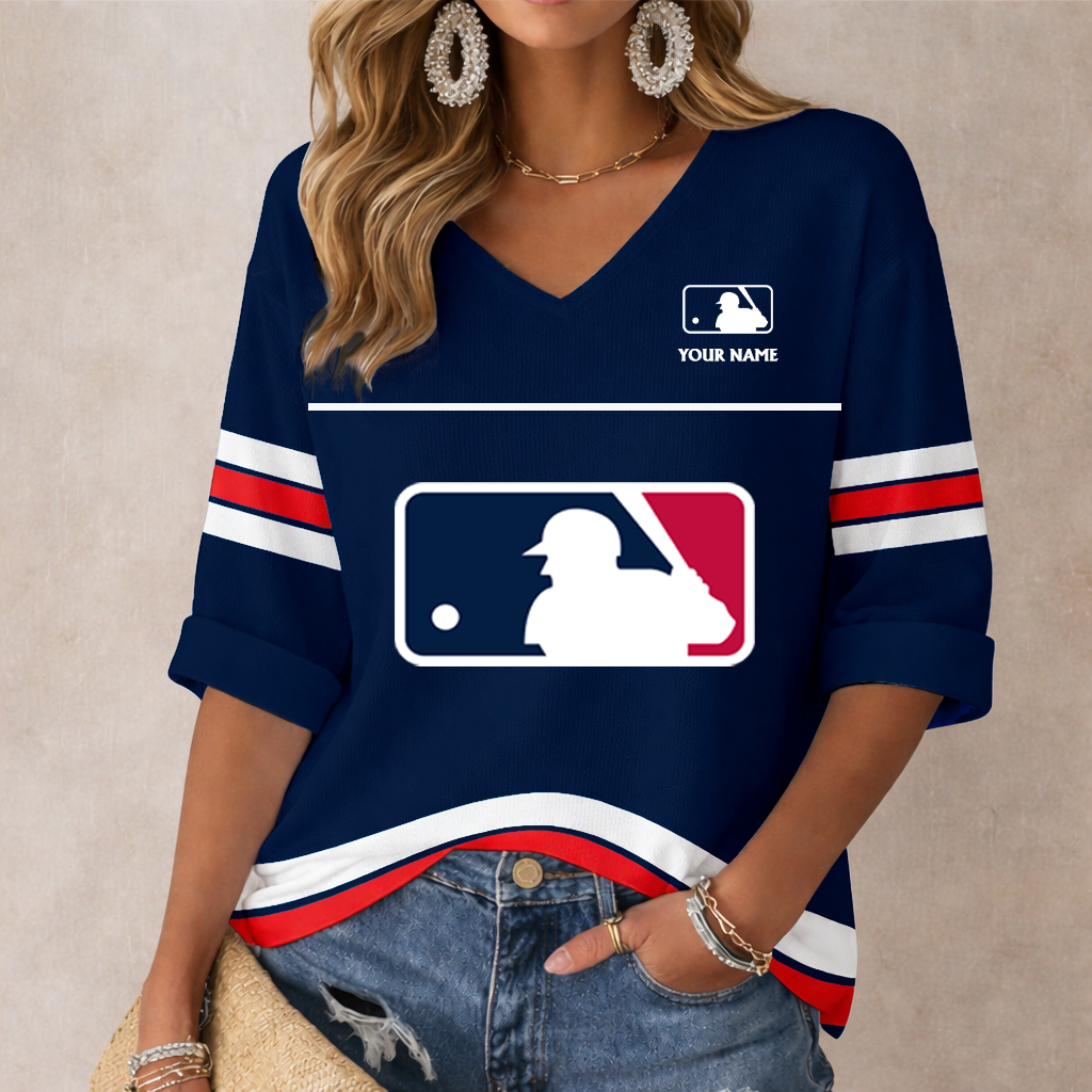 LIMITED EDITION - NEW CUSTOMIZED MLB31 MAJOR LEAGUE BASEBALL WOMEN'S HEART V-NECK LONG SLEEVE SHIRT