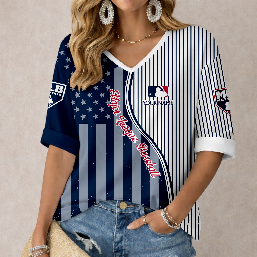 ELITE EDITION - NEW CUSTOMIZED MLB31 MAJOR LEAGUE BASEBALL WOMEN'S HEART V-NECK LONG SLEEVE SHIRT