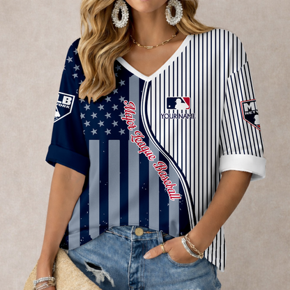 ELITE EDITION - NEW CUSTOMIZED MLB31 MAJOR LEAGUE BASEBALL WOMEN'S HEART V-NECK LONG SLEEVE SHIRT