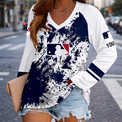 [FLASH SALE] NEW CUSTOMIZED MLB31 MAJOR LEAGUE BASEBALL WOMEN'S V-NECK LONG SLEEVED SHIRT