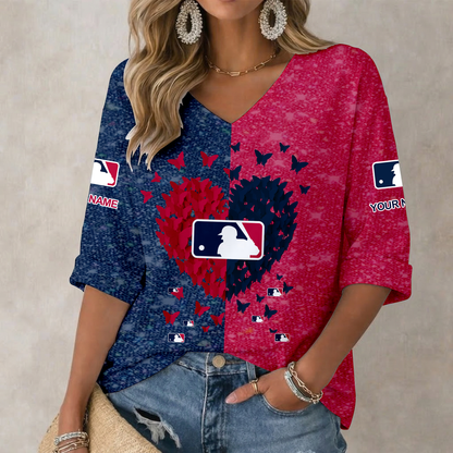 LIMITED EDITION - NEW CUSTOMIZED MLB31 MAJOR LEAGUE BASEBALL WOMEN'S HEART V-NECK LONG SLEEVE SHIRT