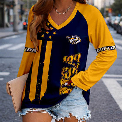 LIMITED EDITION - NEW CUSTOMIZED NHL31 NVP NASHVILLE PREDATORS WOMEN'S V-NECK LONG SLEEVED SHIRT