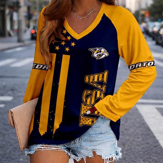 LIMITED EDITION - NEW CUSTOMIZED NHL31 NVP NASHVILLE PREDATORS WOMEN'S V-NECK LONG SLEEVED SHIRT