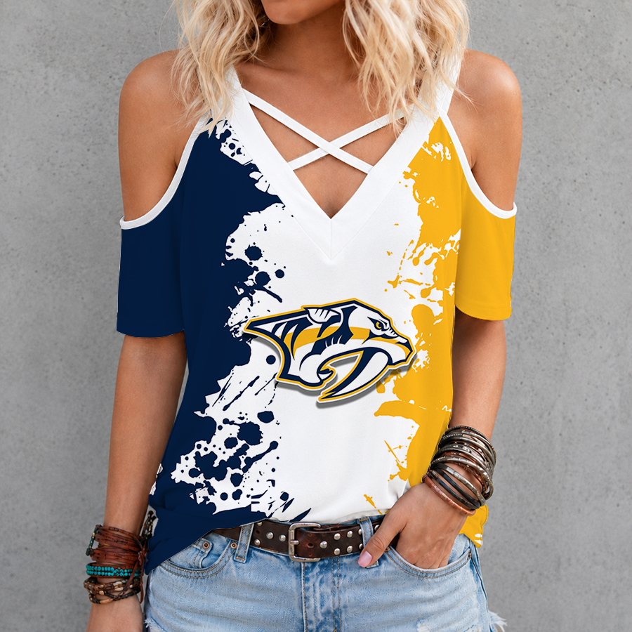 [SUPER SALE] NEW CUSTOMIZED NHL31 NVP NASHVILLE PREDATORS CRISS CROSS V-NECK TOP
