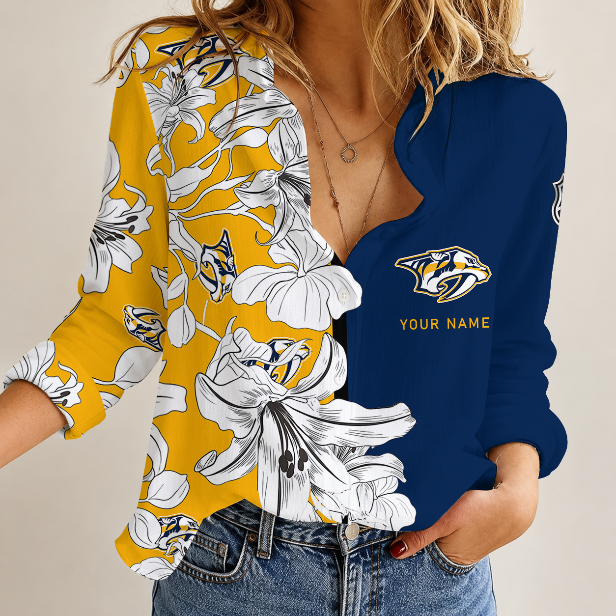 [SUPER SALE] NEW CUSTOMIZED NHL31 NVP NASHVILLE PREDATORS WOMEN CASUAL SHIRT