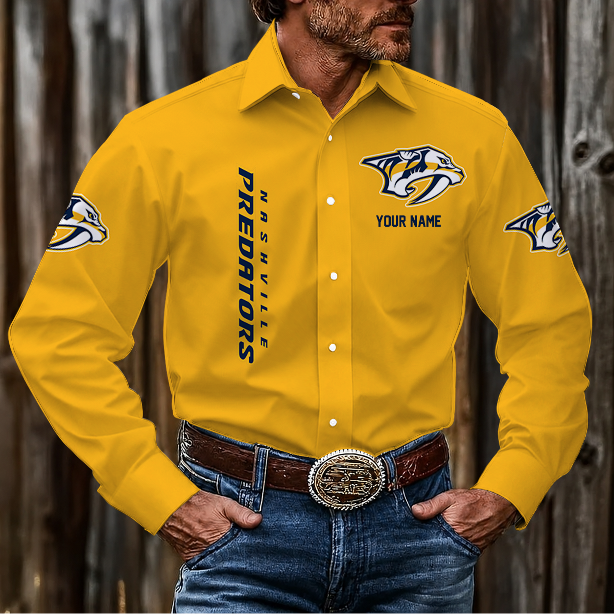 LIMITED EDITION - NEW CUSTOMIZED NHL31 NVP NASHVILLE PREDATORS MEN'S LONG SLEEVE BUTTON-UP SHIRT
