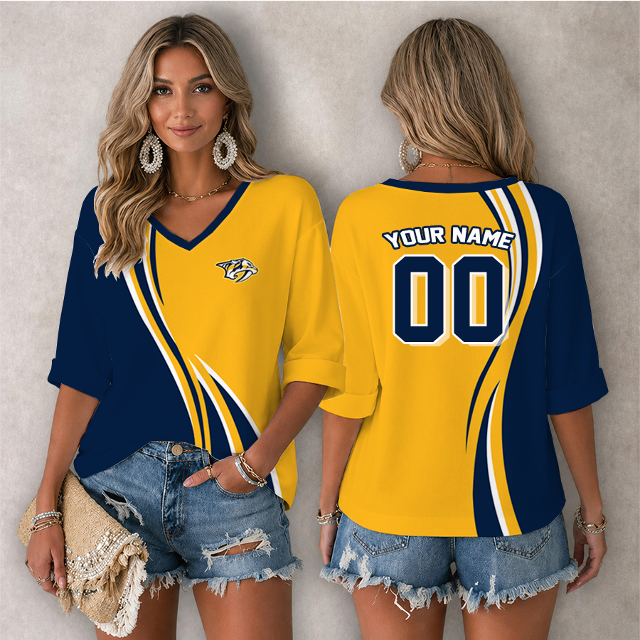 LIMITED EDITION - NEW CUSTOMIZED NHL31 NVP NASHVILLE PREDATORS WOMEN'S HEART V-NECK LONG SLEEVE SHIRT
