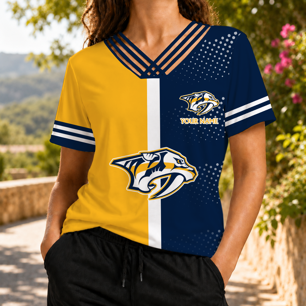 ELITE EDITION - NEW CUSTOMIZED NHL31 NVP NASHVILLE PREDATORS V-NECK SHIRT
