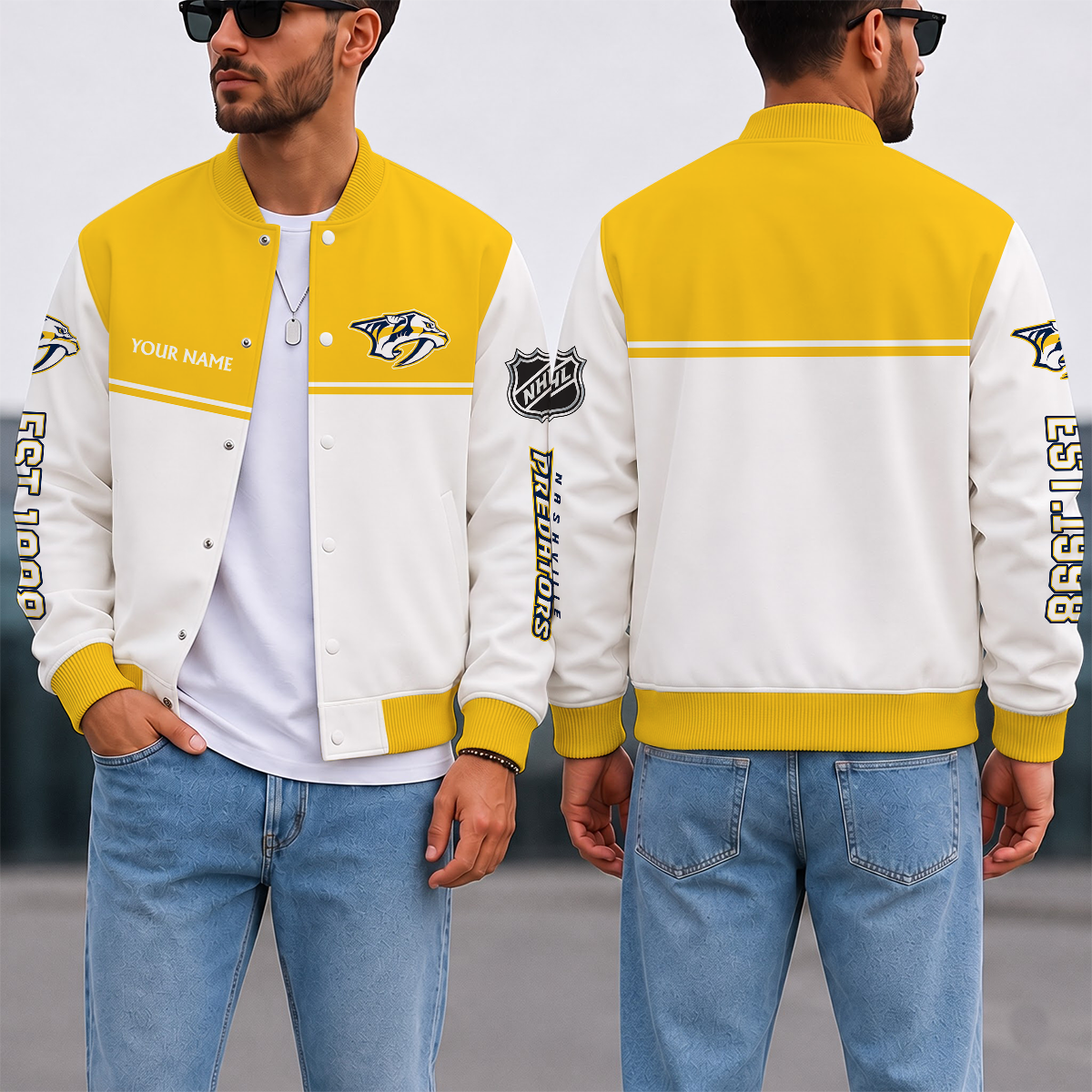 EXCLUSIVE EDITION - NEW CUSTOMIZED NHL31 NVP NASHVILLE PREDATORS SATIN VARSITY JACKET & BASEBALL JACKET