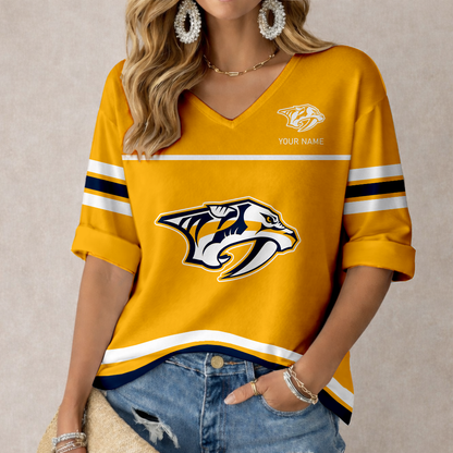 LIMITED EDITION - NEW CUSTOMIZED NHL31 NVP NASHVILLE PREDATORS WOMEN'S HEART V-NECK LONG SLEEVE SHIRT