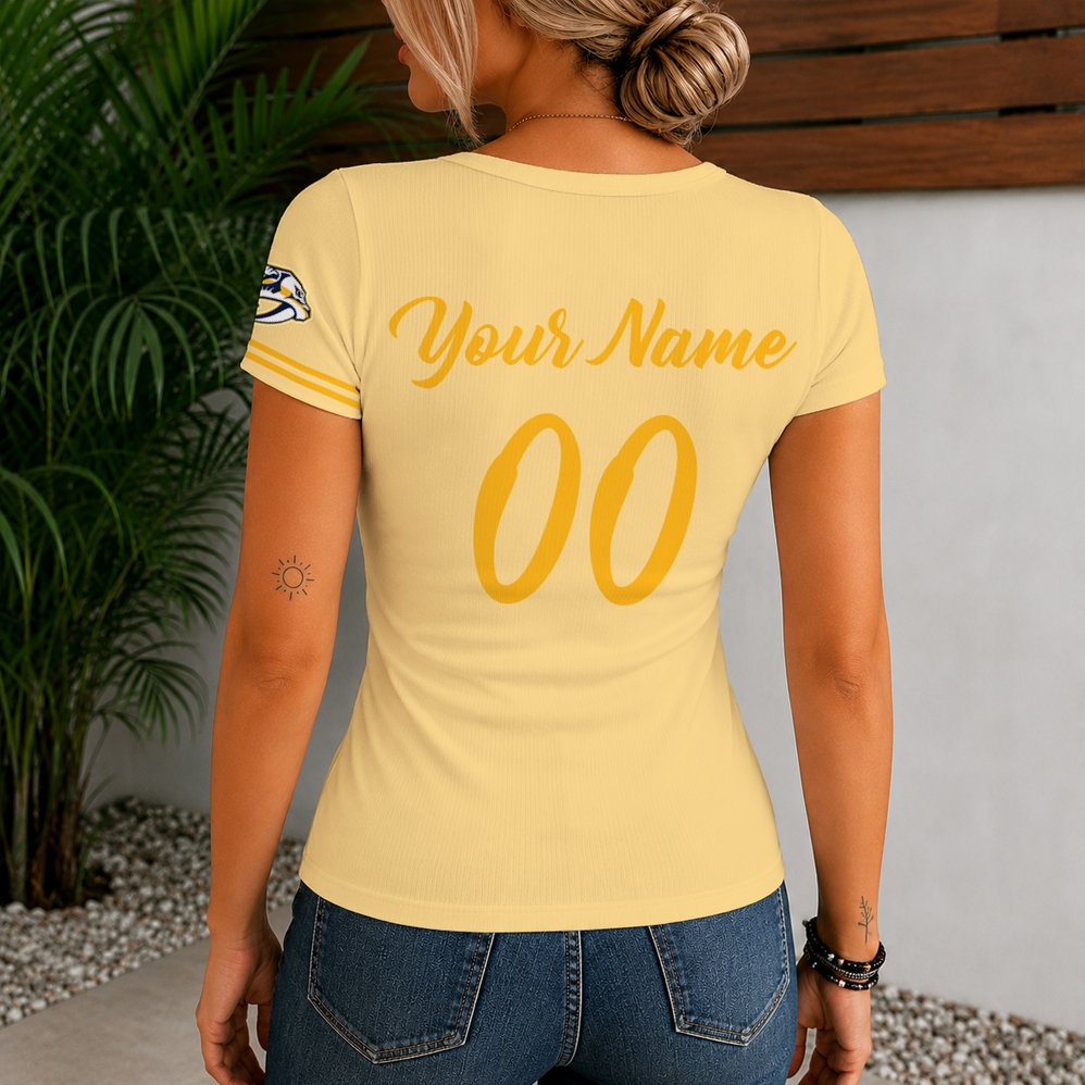 [SUPER SALE] NEW CUSTOMIZED NHL31 NVP NASHVILLE PREDATORS WOMEN'S SHORT SLEEVE HENLEY T-SHIRT