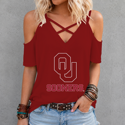 [FAN FAVORITE] NEW CUSTOMIZED NCAA FBS31 OUS OKLAHOMA SOONERS CRISS CROSS V-NECK TOP