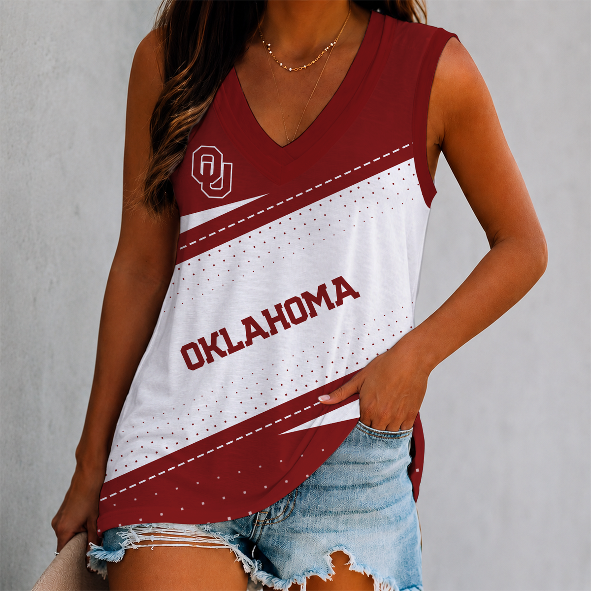 EXCLUSIVE EDITION - NEW CUSTOMIZED NCAA FBS31 OUS OKLAHOMA SOONERS WOMEN'S V-NECK TANK TOP