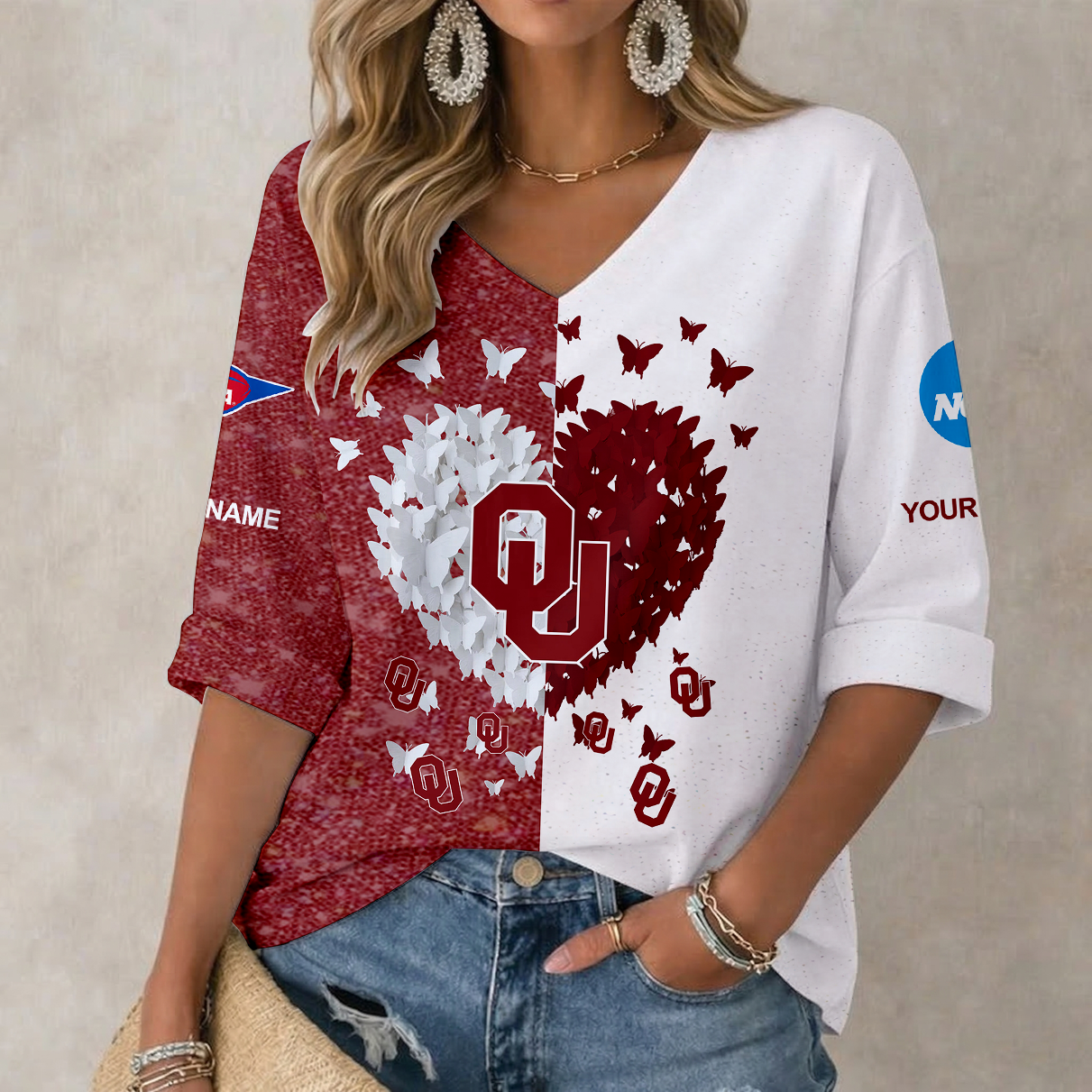 LIMITED EDITION - NEW CUSTOMIZED NCAA FBS31 OUS OKLAHOMA SOONERS WOMEN'S HEART V-NECK LONG SLEEVE SHIRT