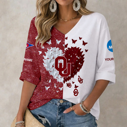 LIMITED EDITION - NEW CUSTOMIZED NCAA FBS31 OUS OKLAHOMA SOONERS WOMEN'S HEART V-NECK LONG SLEEVE SHIRT