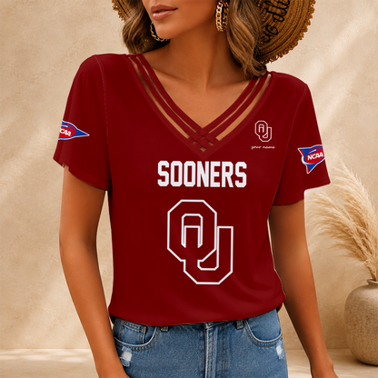 [FAN FAVORITE] NEW CUSTOMIZED NCAA FBS31 OUS OKLAHOMA SOONERS V-NECK SHIRT