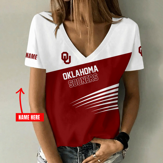 [FAN FAVORITE] NEW CUSTOMIZED NCAA FBS31 OUS OKLAHOMA SOONERS V-NECK FEMALE SHIRT