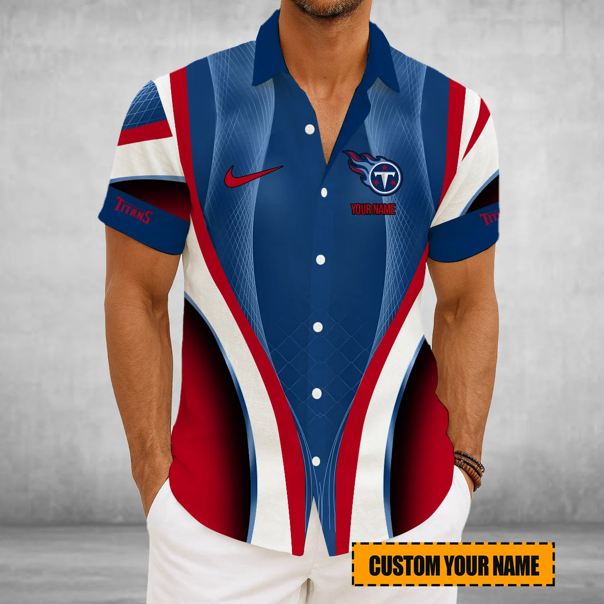 LIMITED EDITION - NEW CUSTOMIZED NFL31 TST TENNESSEE TITANS SHORT SLEEVE BUTTON-UP SHIRT