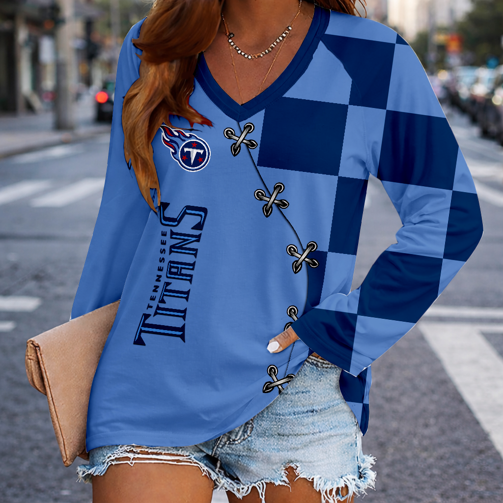 LIMITED EDITION - NEW CUSTOMIZED NFL31 TST TENNESSEE TITANS WOMEN'S V-NECK LONG SLEEVED SHIRT