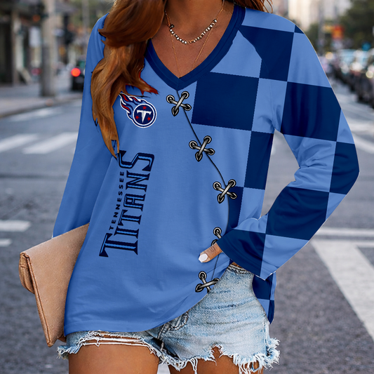 LIMITED EDITION - NEW CUSTOMIZED NFL31 TST TENNESSEE TITANS WOMEN'S V-NECK LONG SLEEVED SHIRT
