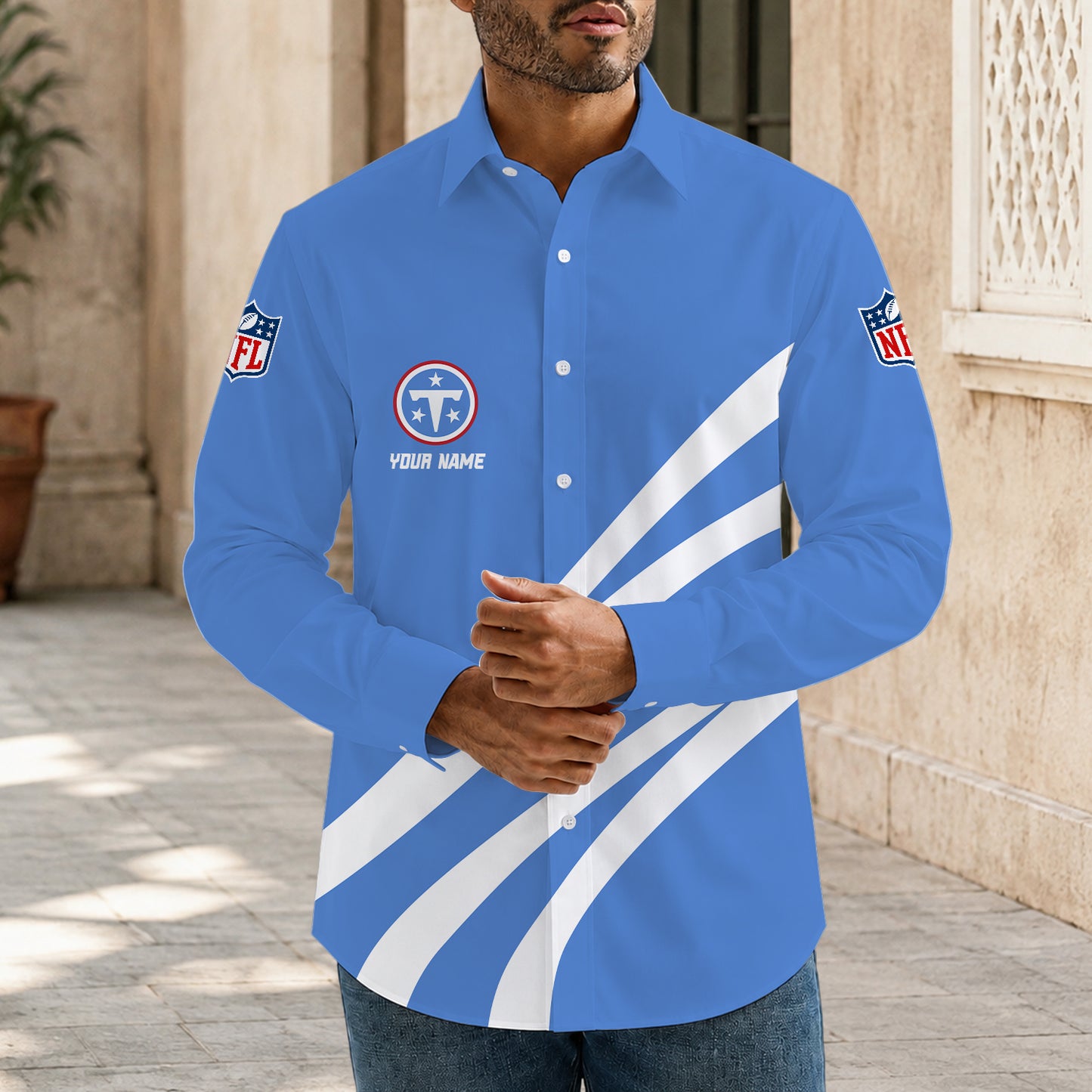 [SPECIAL OFFER] NEW CUSTOMIZED NFL31 TST TENNESSEE TITANS MEN'S LONG SLEEVE BUTTON-UP SHIRT