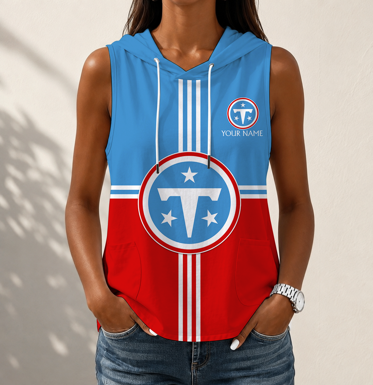 LIMITED EDITION - NEW CUSTOMIZED NFL31 TST TENNESSEE TITANS WOMEN'S SLEEVELESS HOODED POCKET TANK TOP