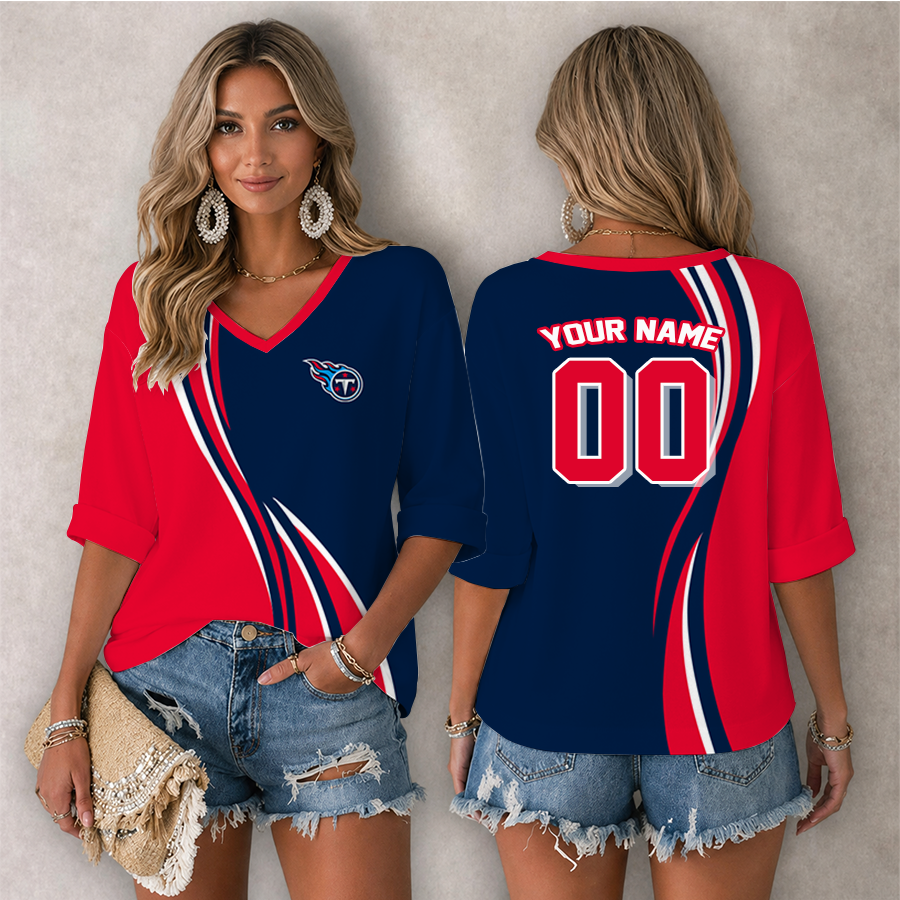 LIMITED EDITION - NEW CUSTOMIZED NFL31 TST TENNESSEE TITANS WOMEN'S HEART V-NECK LONG SLEEVE SHIRT