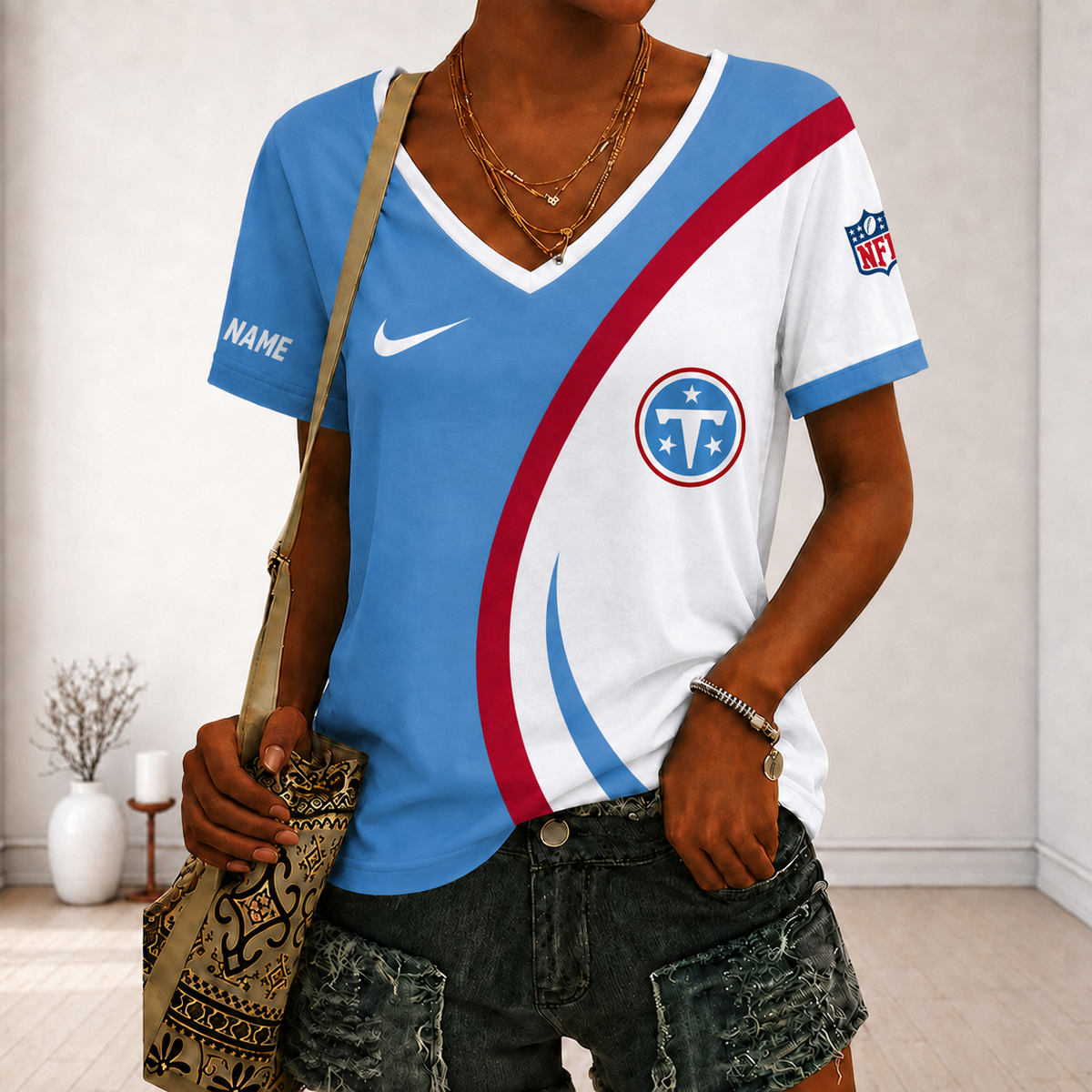 LIMITED EDITION - NEW CUSTOMIZED NFL31 TST TENNESSEE TITANS V-NECK FEMALE SHIRT