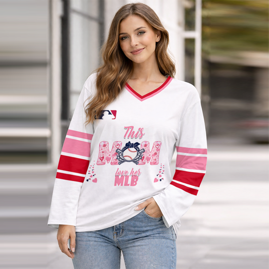 LIMITED EDITION - NEW CUSTOMIZED MLB31 MAJOR LEAGUE BASEBALL WOMEN'S HEART V-NECK LONG SLEEVE SHIRT