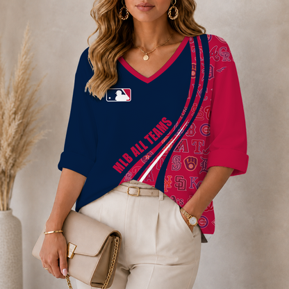 [FLASH SALE] NEW CUSTOMIZED MLB32 MLB ALL TEAMS WOMEN'S HEART V-NECK LONG SLEEVE SHIRT