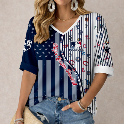 ELITE EDITION - NEW CUSTOMIZED MLB32 MLB ALL TEAMS WOMEN'S HEART V-NECK LONG SLEEVE SHIRT