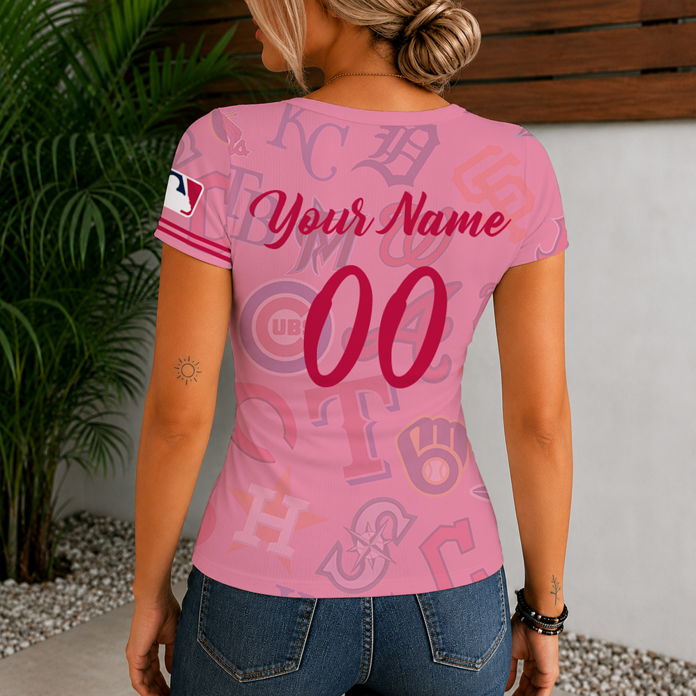 [FLASH SALE] NEW CUSTOMIZED MLB32 MLB ALL TEAMS WOMEN'S SHORT SLEEVE HENLEY T-SHIRT