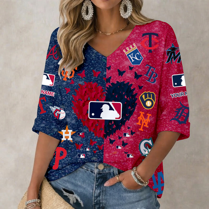 LIMITED EDITION - NEW CUSTOMIZED MLB32 MLB ALL TEAMS WOMEN'S HEART V-NECK LONG SLEEVE SHIRT