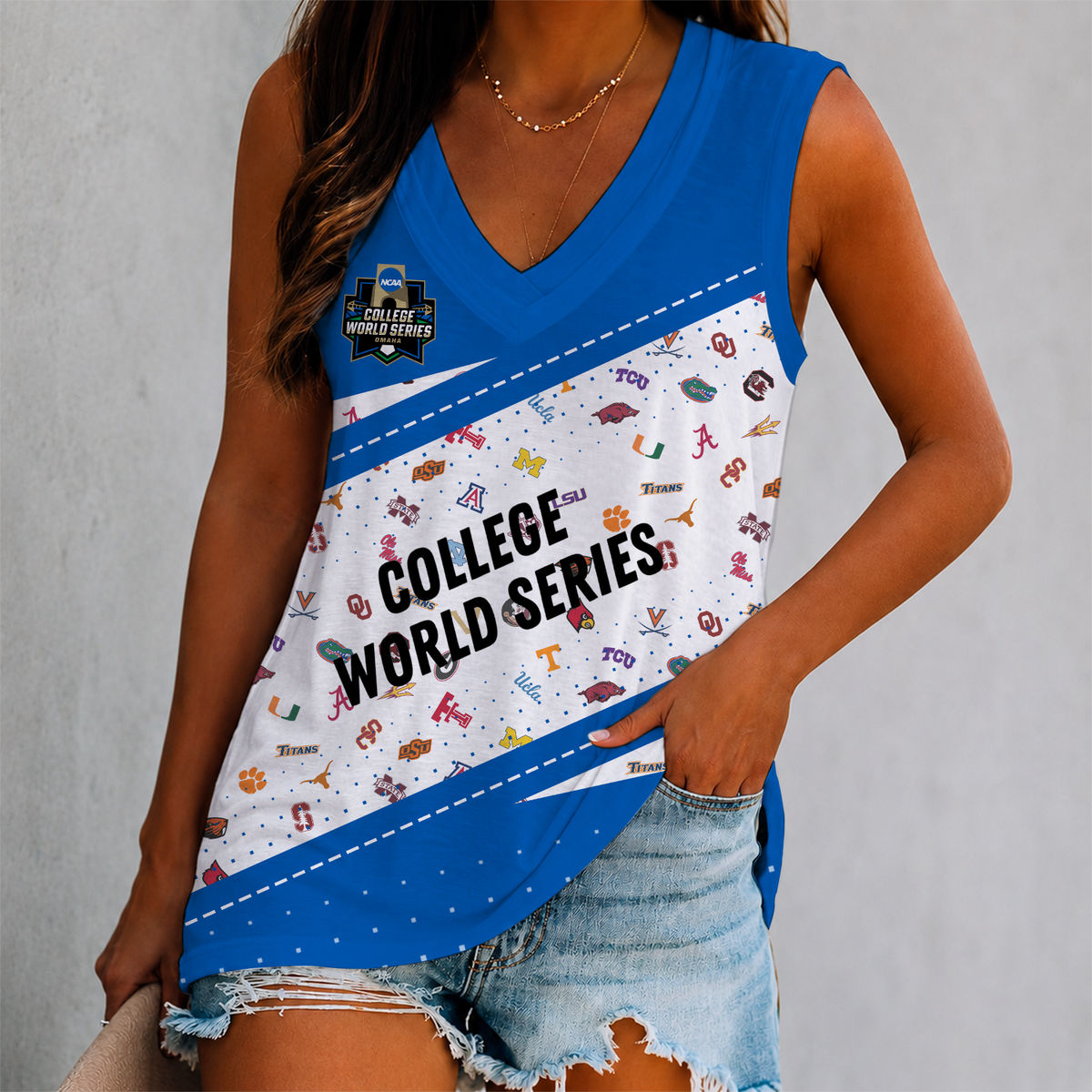 VIRAL EDITION - NEW CUSTOMIZED NCAA CWS32 ALL TEAMS WOMEN'S V-NECK TANK TOP