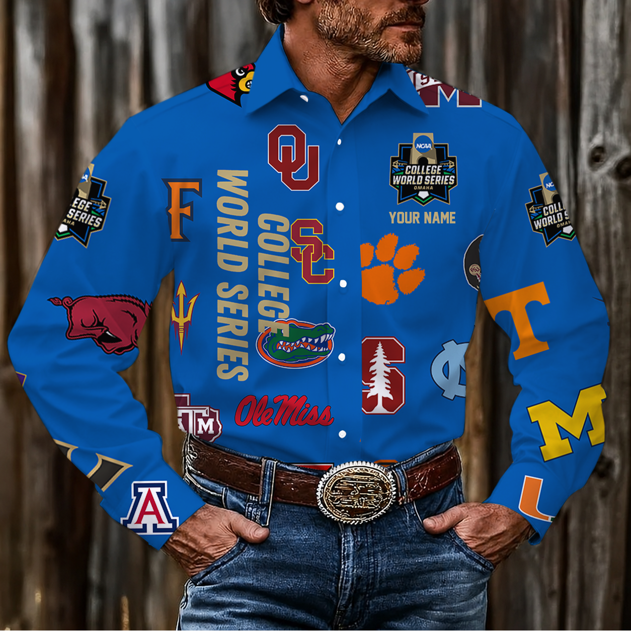 LIMITED EDITION - NEW CUSTOMIZED NCAA CWS32 BBC CWS ALL TEAMS MEN'S LONG SLEEVE BUTTON-UP SHIRT