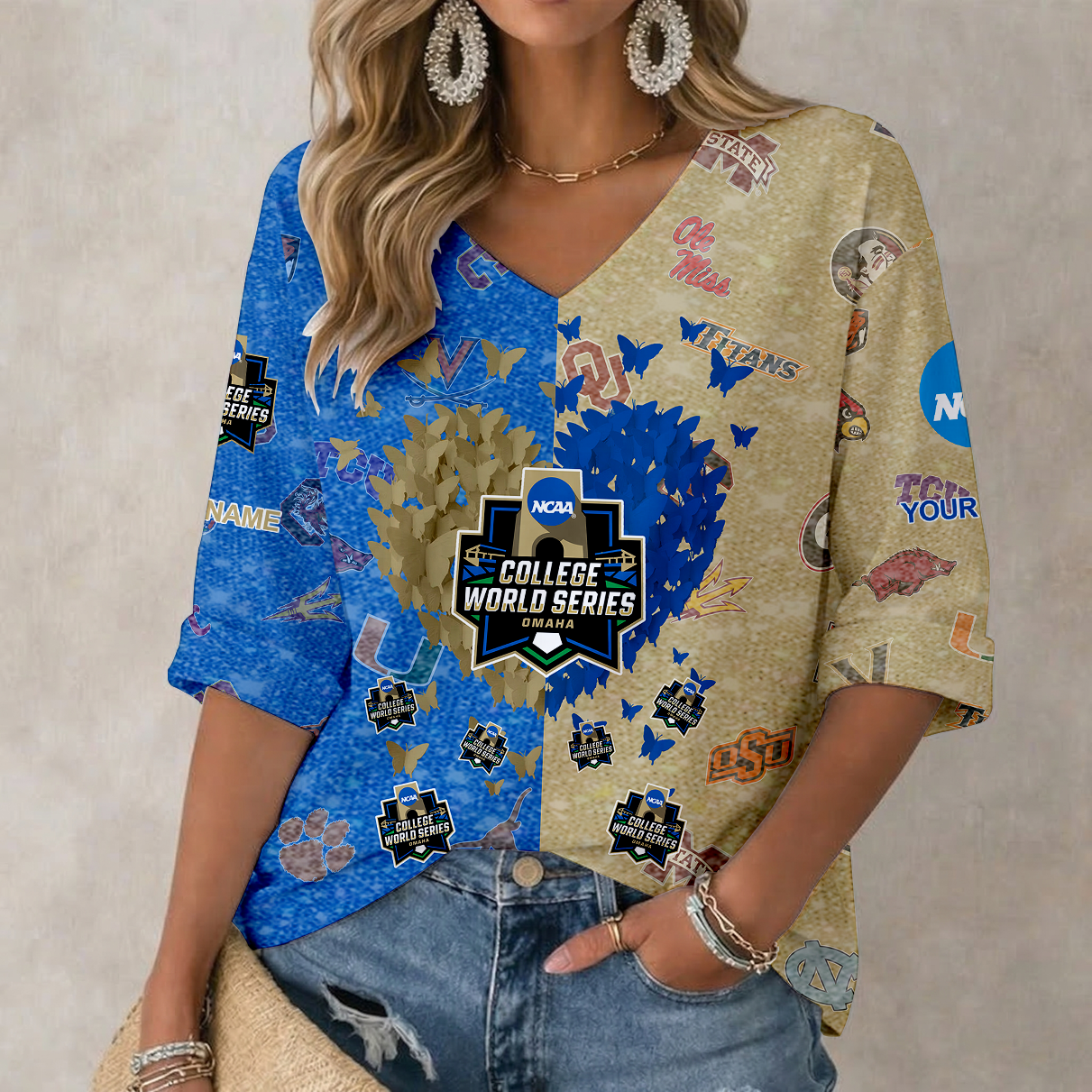 LIMITED EDITION - NEW CUSTOMIZED NCAA CWS32 CWS ALL TEAMS WOMEN'S HEART V-NECK LONG SLEEVE SHIRT